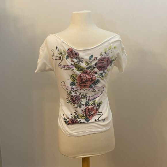 Express‎ Off Shoulder Rose Tattoo Short Sleeve Shirt - Picture 5 of 7